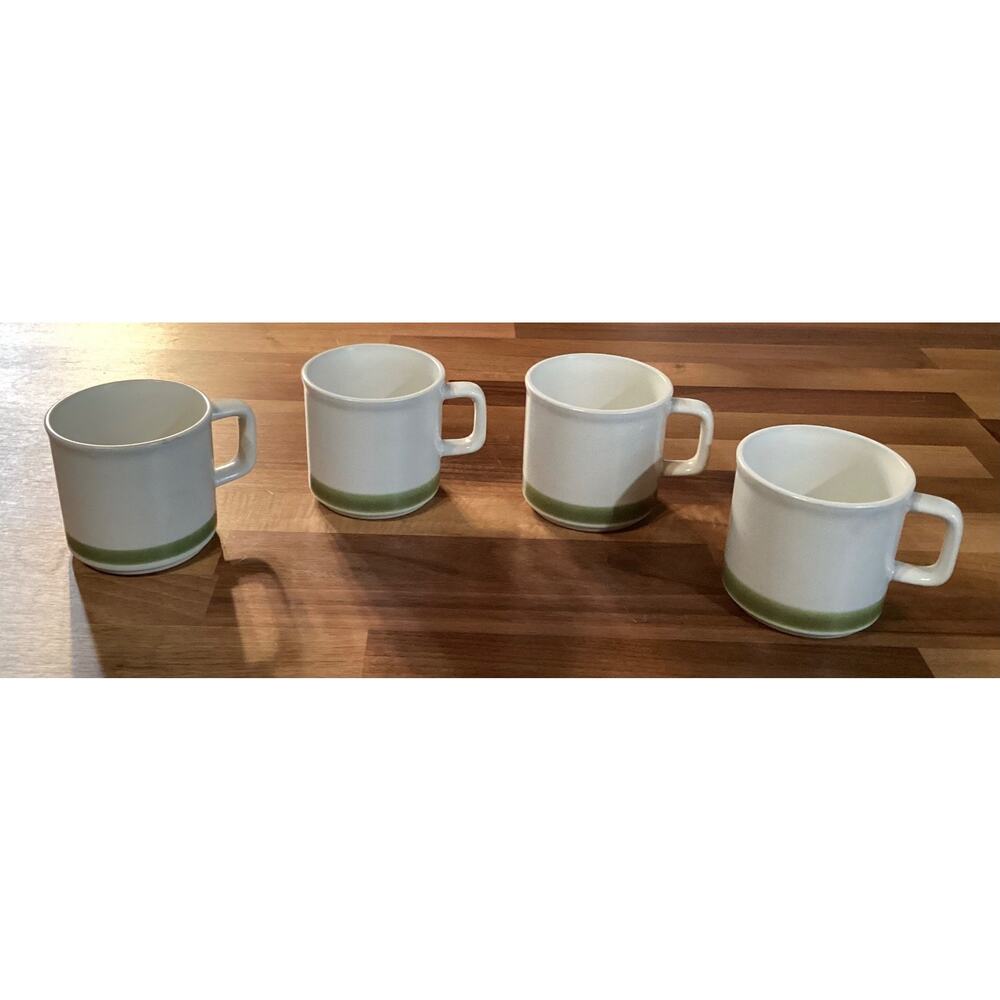 Spring Collection Stoneware Coffee Mugs Vintage 70s Set of 4 Green Rim at Bottom